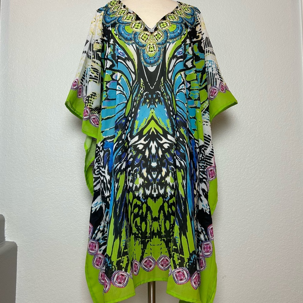 Ashley Taylor Lime/Multi Color Butterfly Print Sequin Beach Cover Up O/S NWT